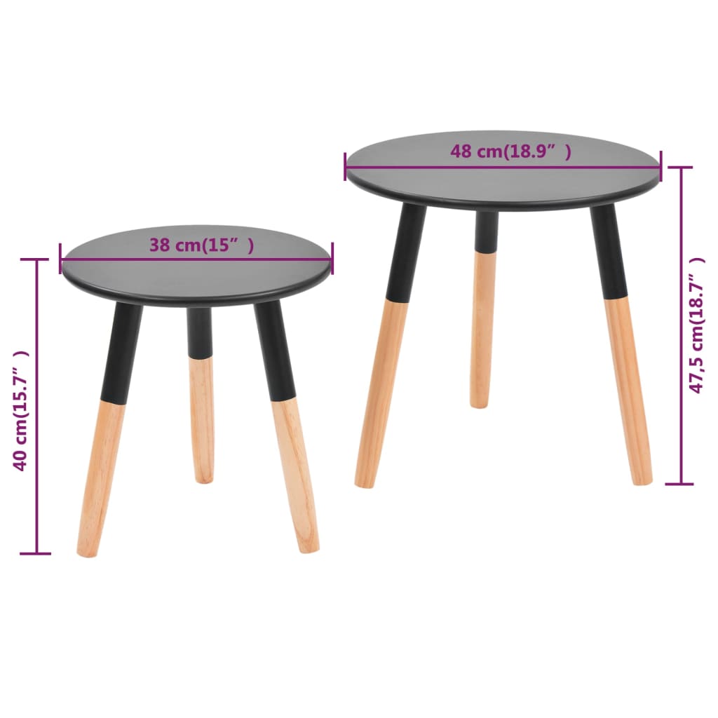 Side tables set, 2 pcs., solid pine wood, black