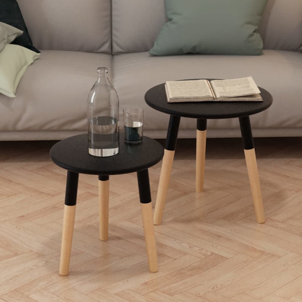 Side tables set, 2 pcs., solid pine wood, black