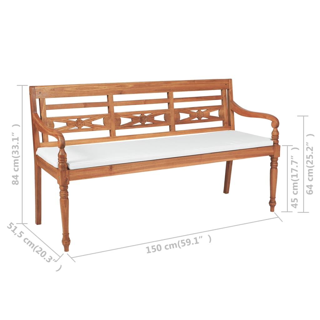 Batavia suoliukas su pagalvėmis, 150 cm, tikmedis