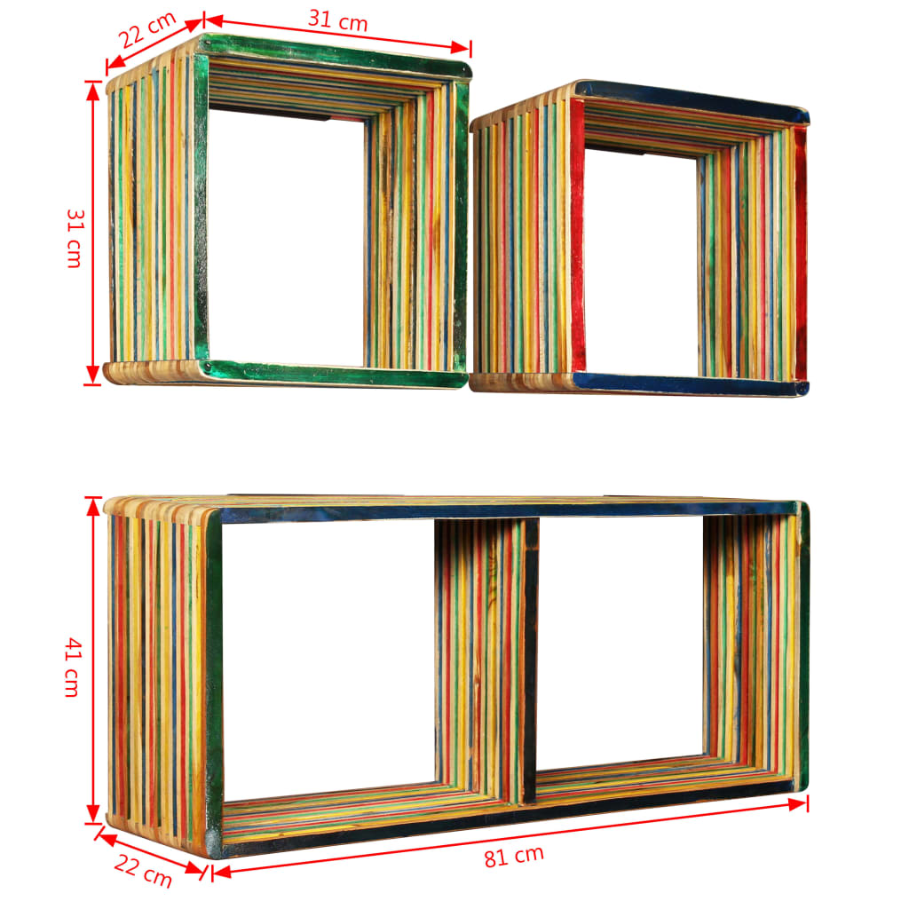 Set of shelves, 3 pcs., recycled teak, multi-coloured