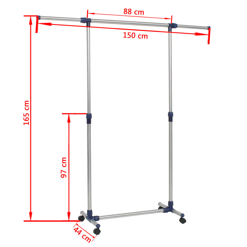 Adjustable clothes rack, silver, 165x44x150cm, stainless steel