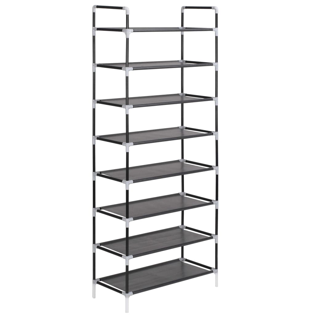 Shoe rack, 8 shelves, metal, non-woven fabric, black