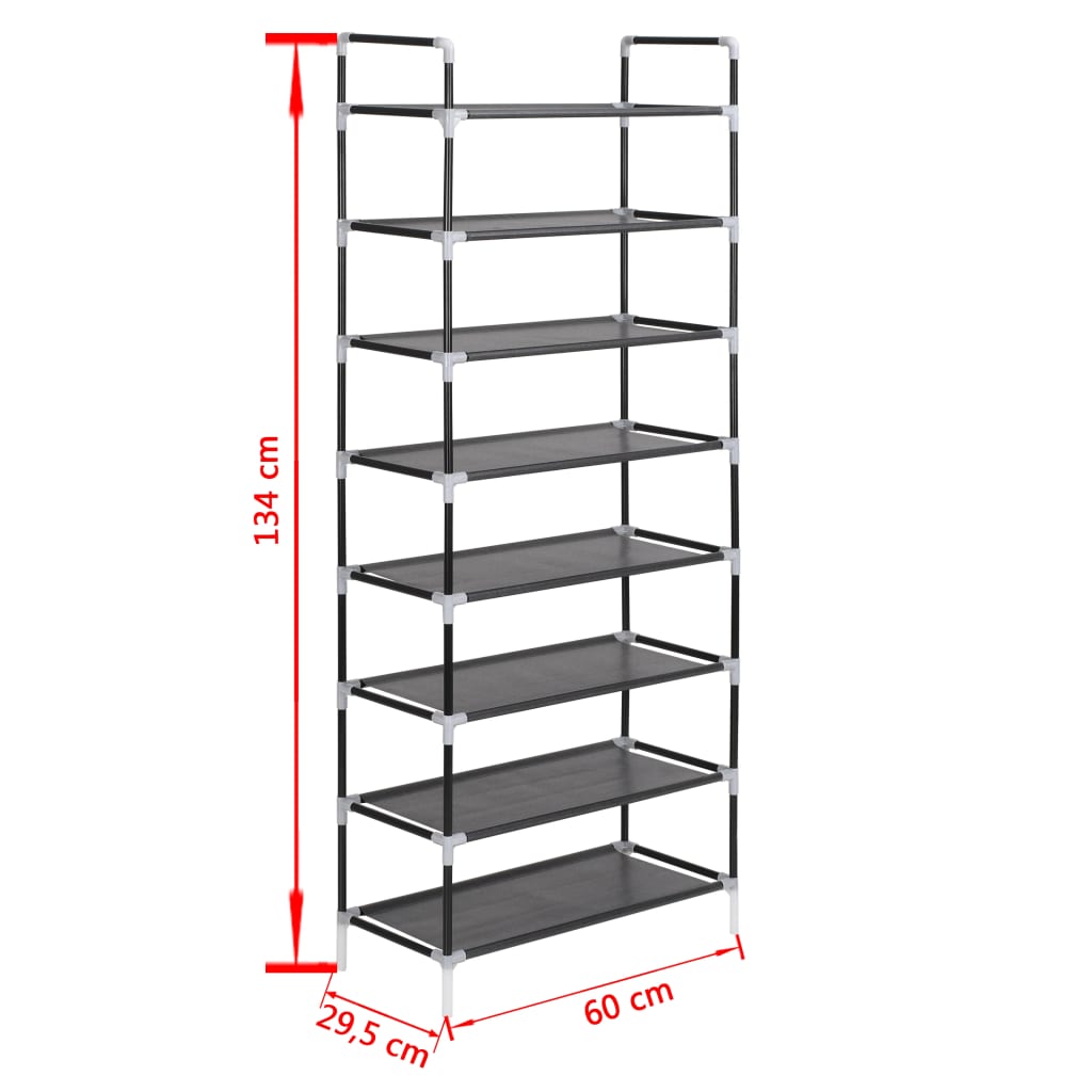 Shoe rack, 8 shelves, metal, non-woven fabric, black