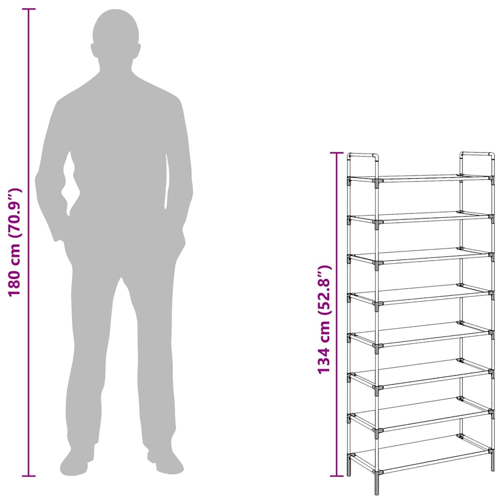 Shoe rack, 8 shelves, metal, non-woven fabric, black