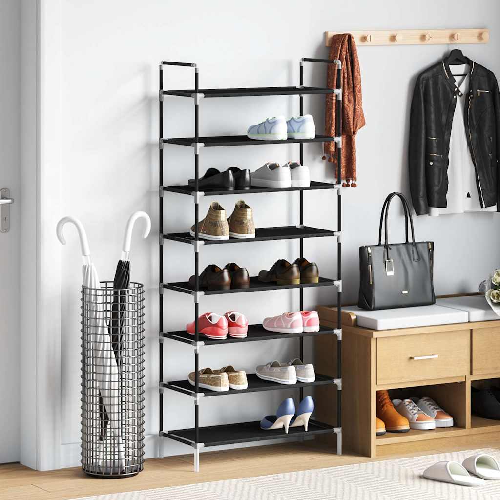 Shoe rack, 8 shelves, metal, non-woven fabric, black