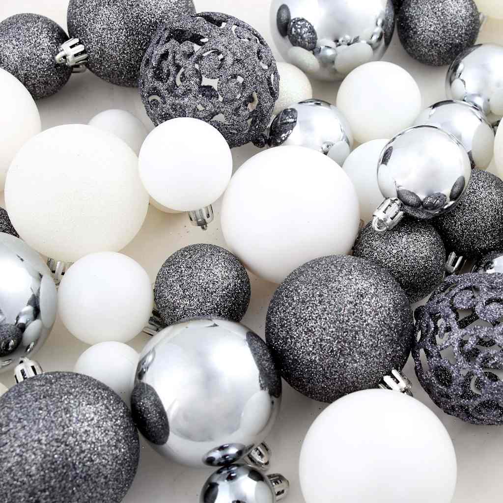 Eglutės žaisliukų rinkinys 100vnt 3/4/6cm baltos/pilkos spalvos