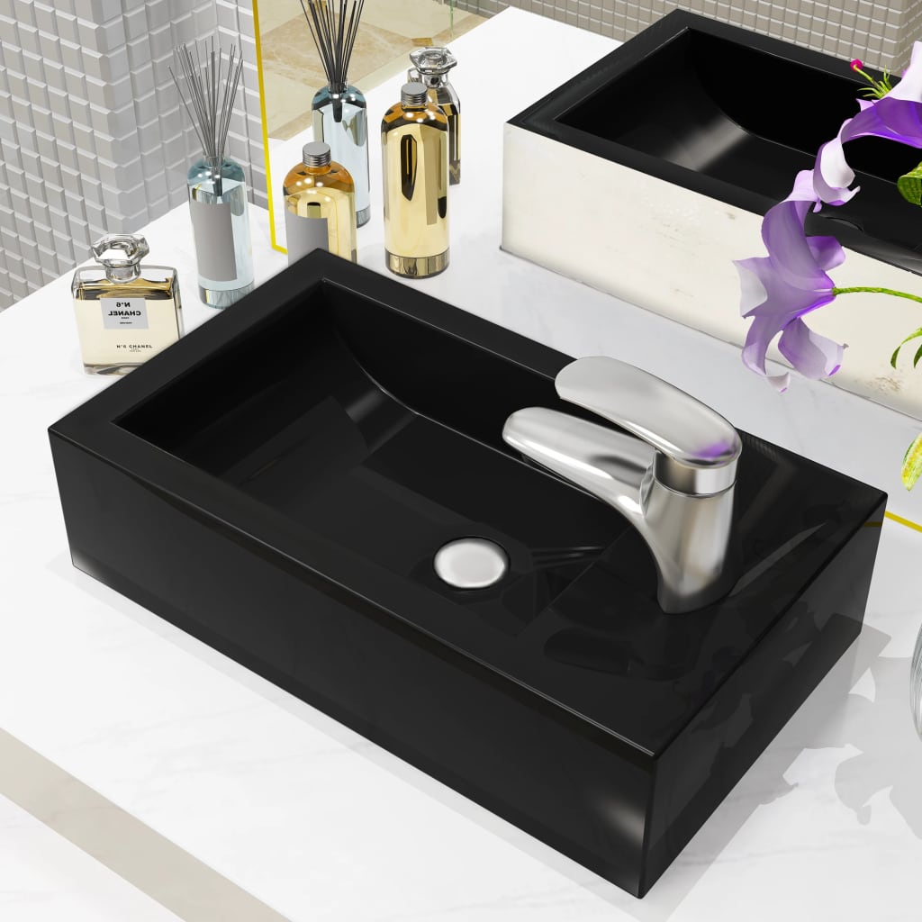 Basin with tap hole, rectangular, ceramic, black, 46x25.5x12cm