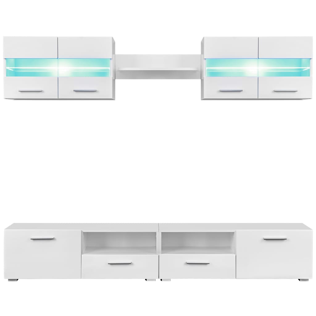 Wall-mounted TV unit with LED lights, 5-piece, high gloss white