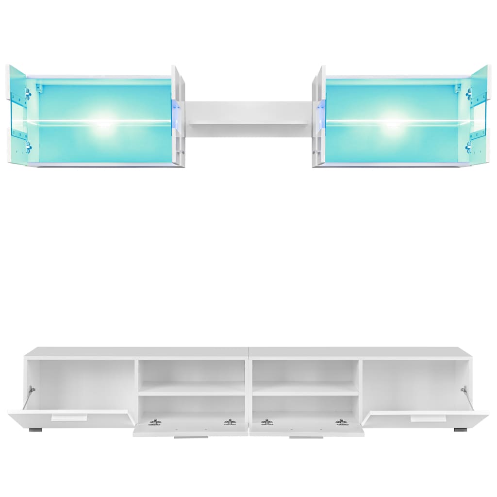 Wall-mounted TV unit with LED lights, 5-piece, high gloss white