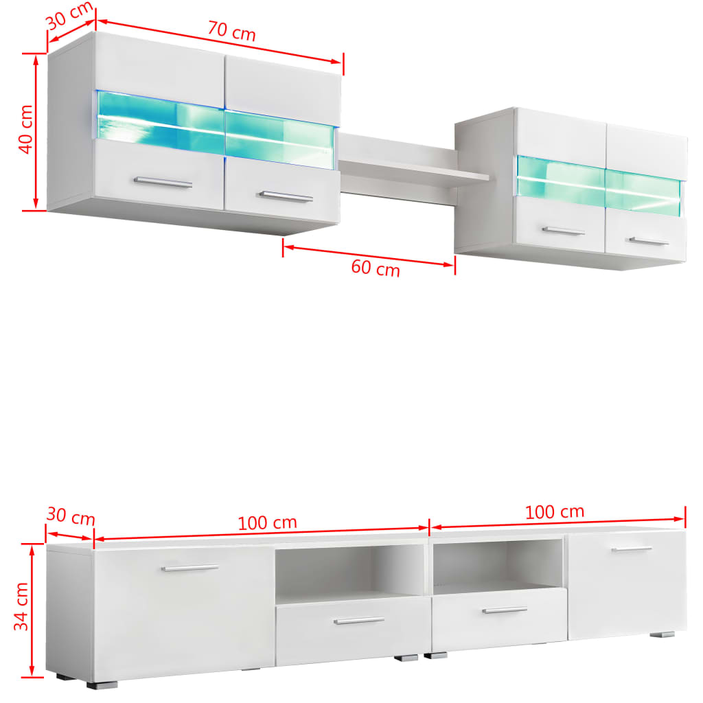 Wall-mounted TV unit with LED lights, 5-piece, high gloss white