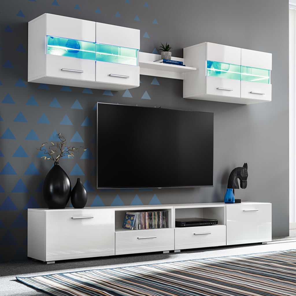 Wall-mounted TV unit with LED lights, 5-piece, high gloss white