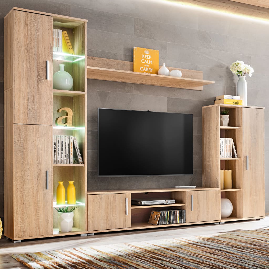 Wall-mounted TV cabinet with LED lights, Sonoma oak