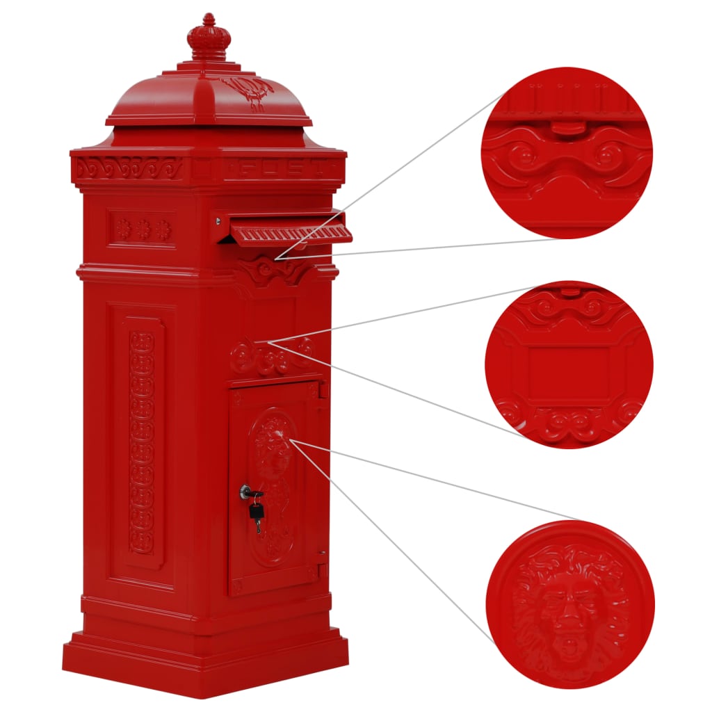 Post box, pillar, aluminium, stainless, red