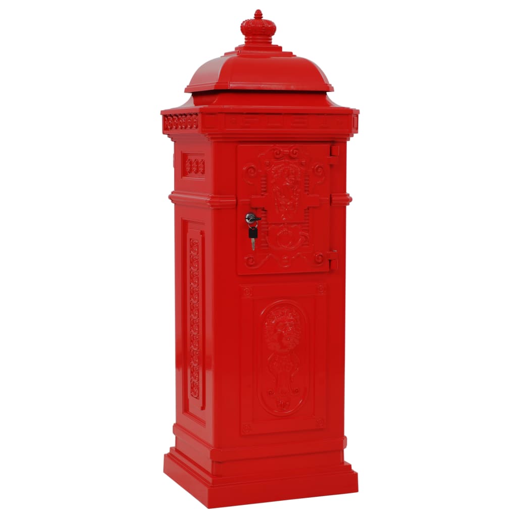 Post box, pillar, aluminium, stainless, red
