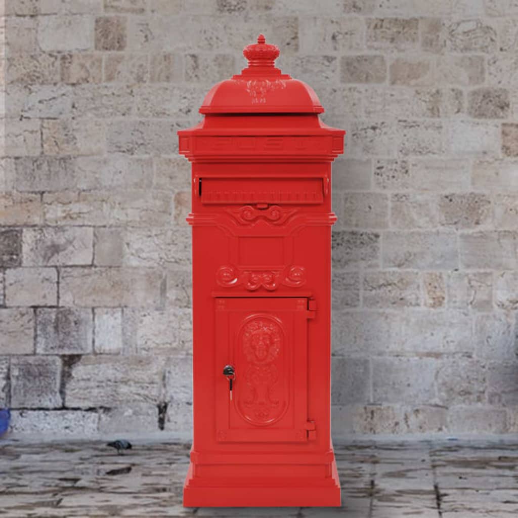 Post box, pillar, aluminium, stainless, red