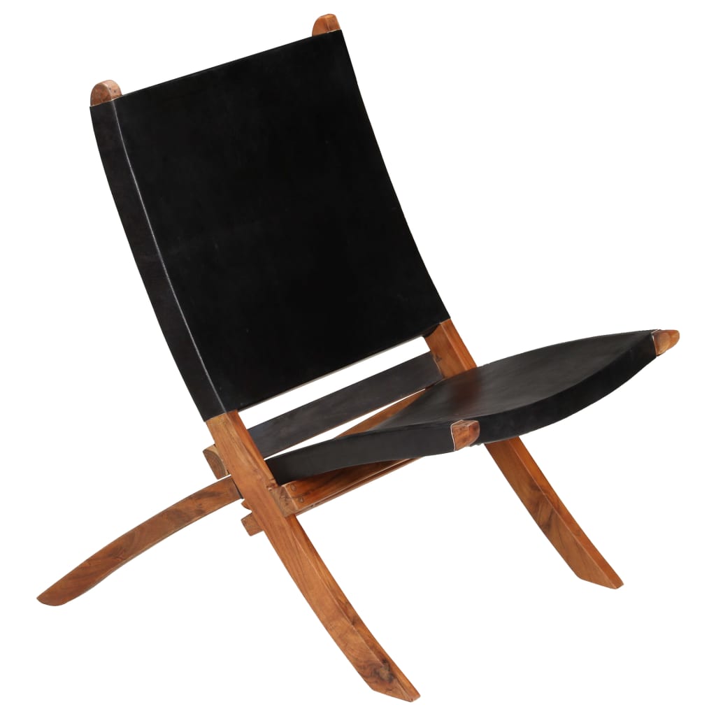 Foldable lounge chair, black, genuine leather