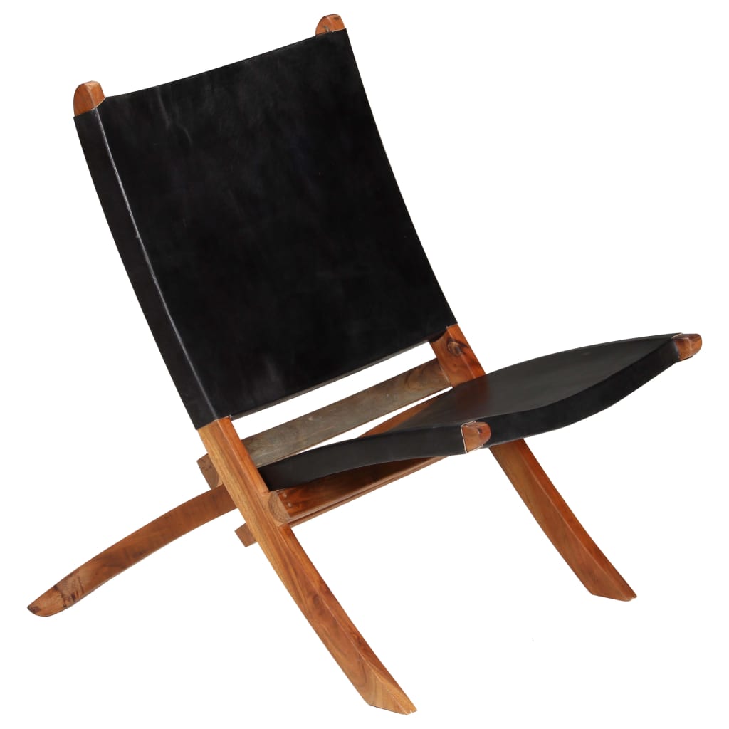 Foldable lounge chair, black, genuine leather