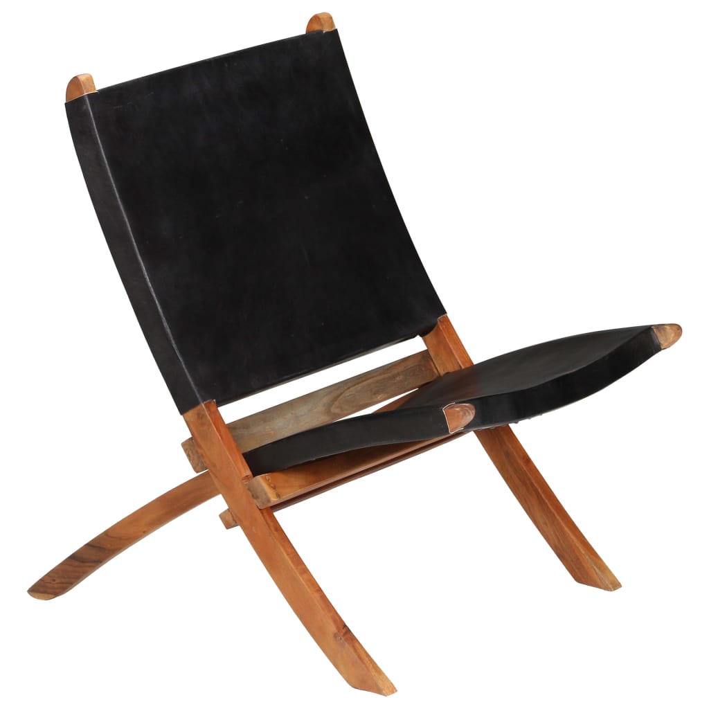 Foldable lounge chair, black, genuine leather
