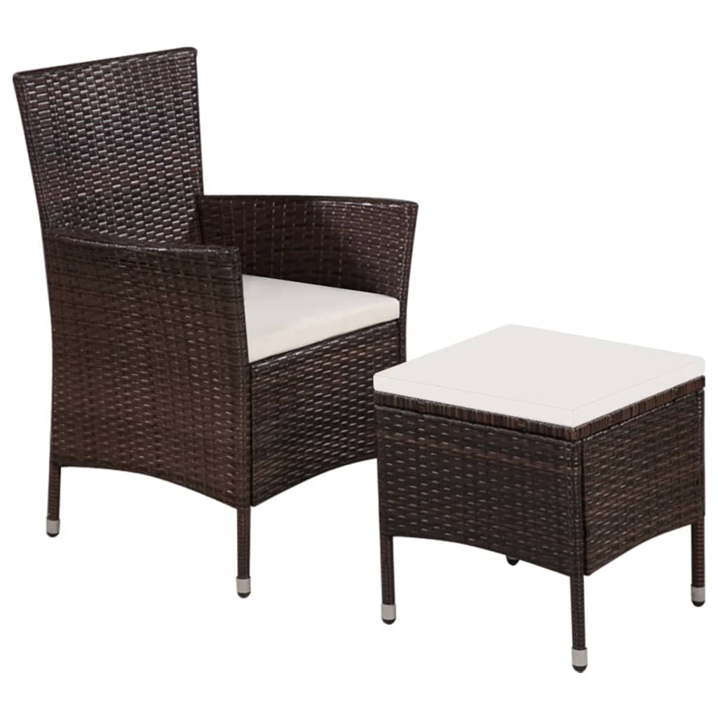 Outdoor chair and stool with cushions, poly rattan, brown