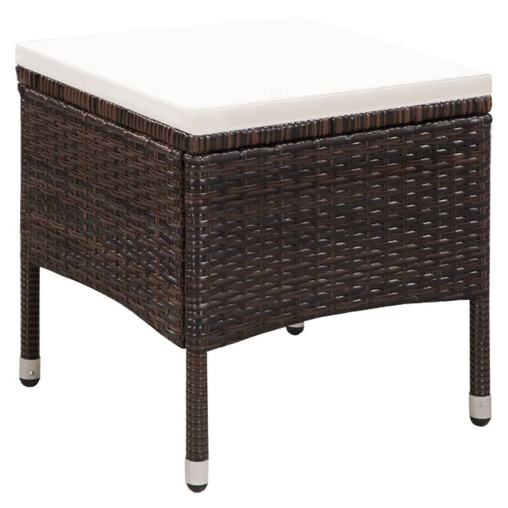 Outdoor chair and stool with cushions, poly rattan, brown