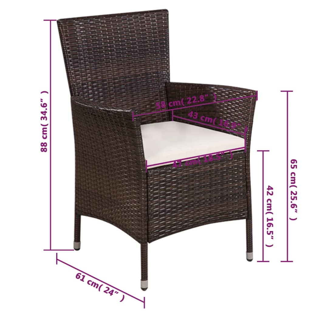 Outdoor chair and stool with cushions, poly rattan, brown