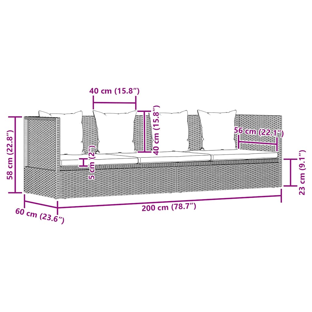 Garden sun lounger, grey, 200x60 cm, poly rattan