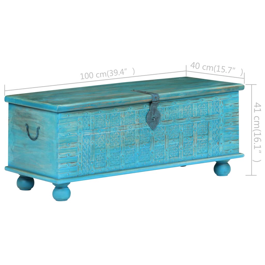 Storage box, solid mango wood, blue, 100x40x41cm