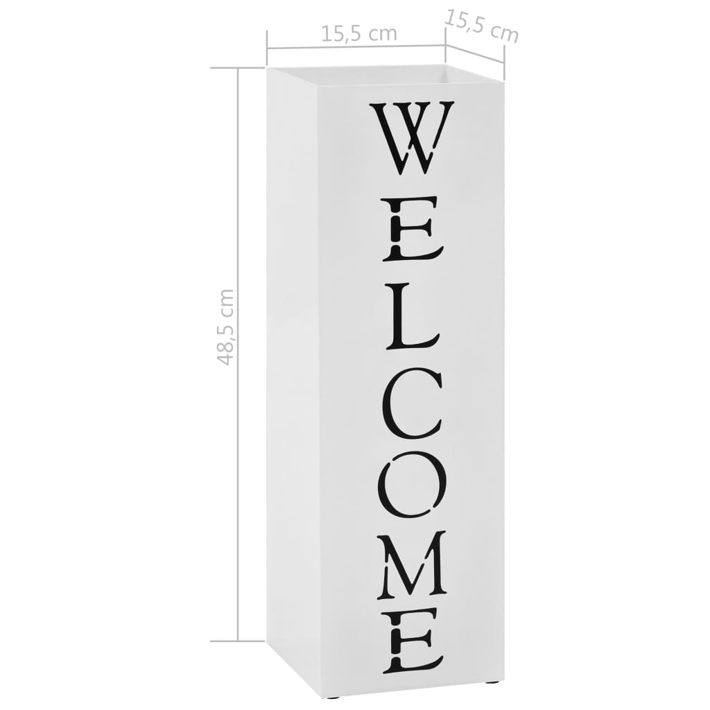 Stovas skėčiams, su užrašu Welcome, plieninis, baltas