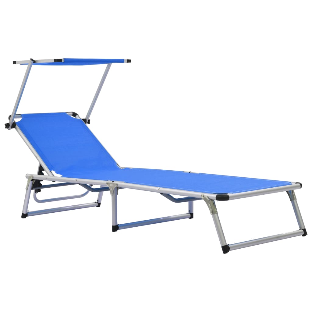 Folding sun lounger with canopy, blue, aluminum and textilene