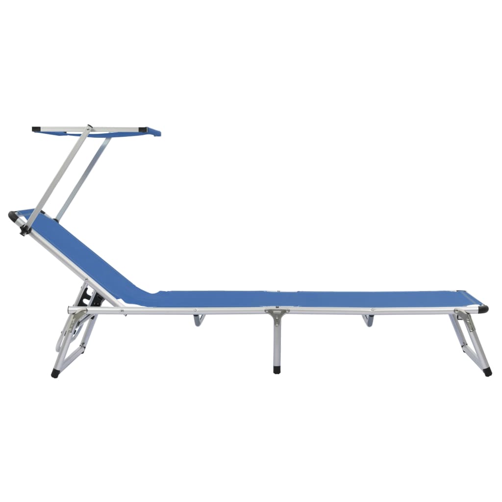 Folding sun lounger with canopy, blue, aluminum and textilene