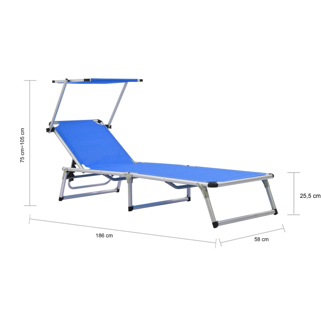 Folding sun lounger with canopy, blue, aluminum and textilene