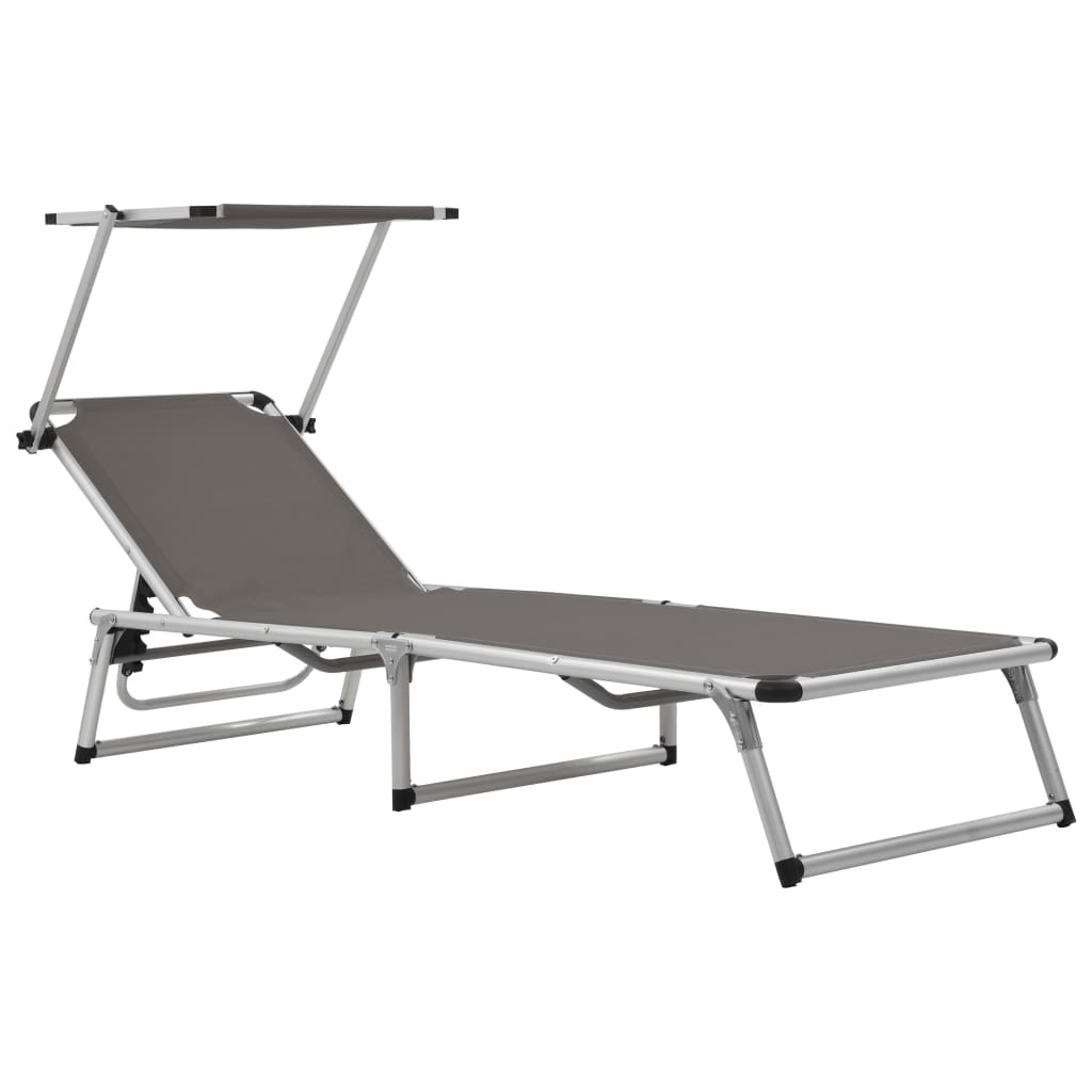 Foldable sun lounger with canopy, grey, aluminium and textile.