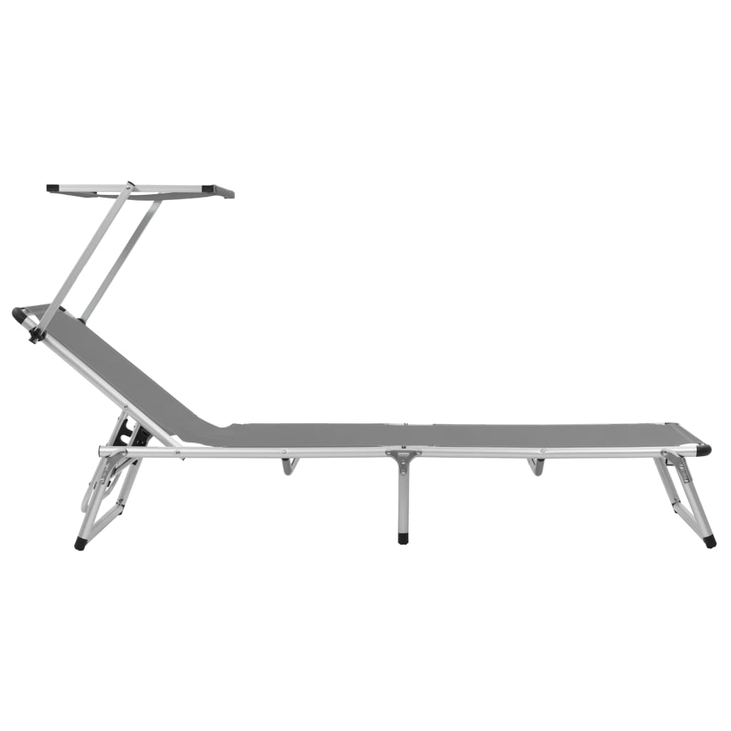 Foldable sun lounger with canopy, grey, aluminium and textile.