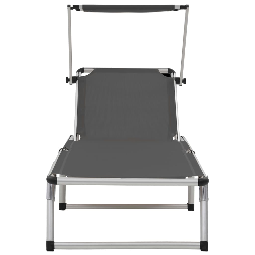 Foldable sun lounger with canopy, grey, aluminium and textile.