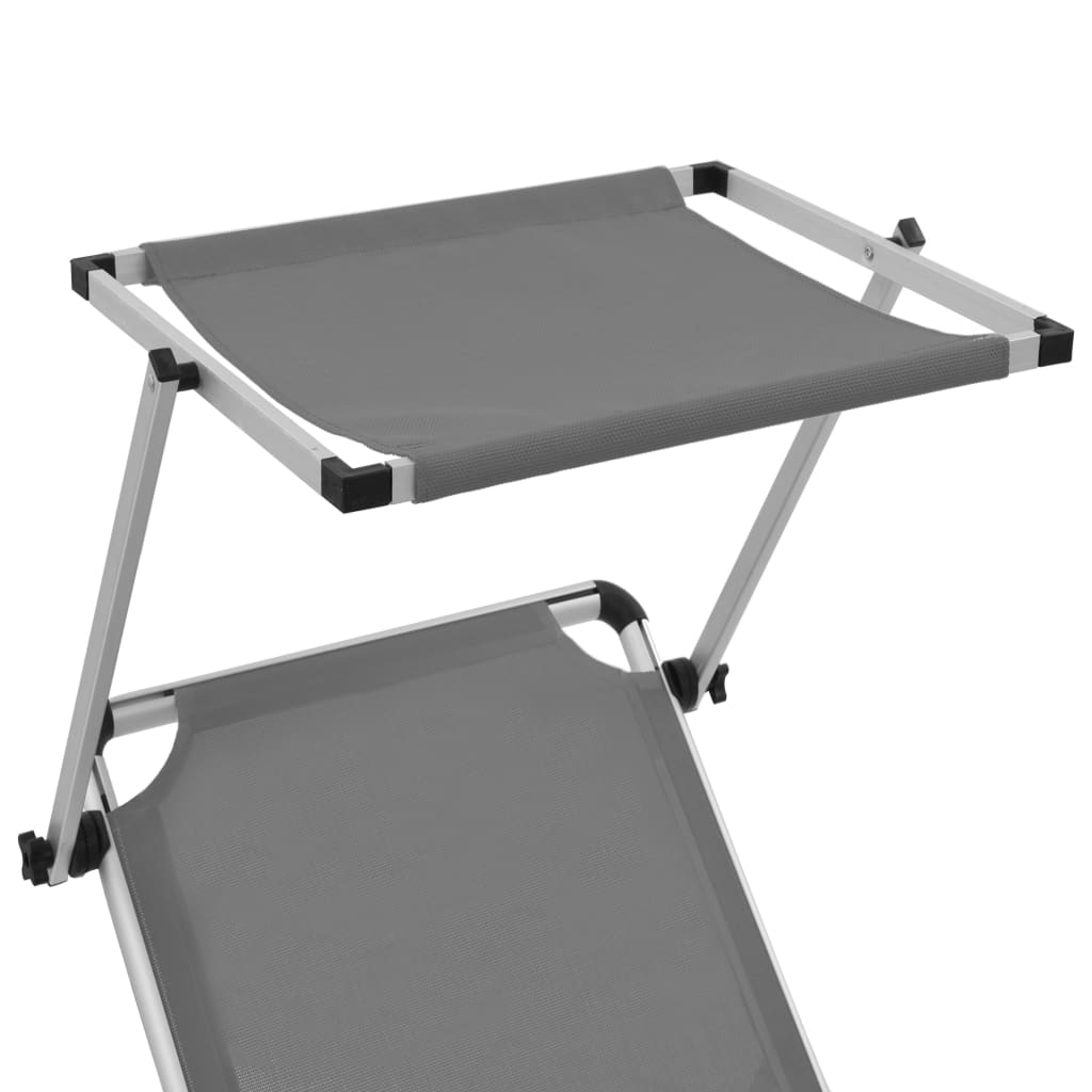 Foldable sun lounger with canopy, grey, aluminium and textile.