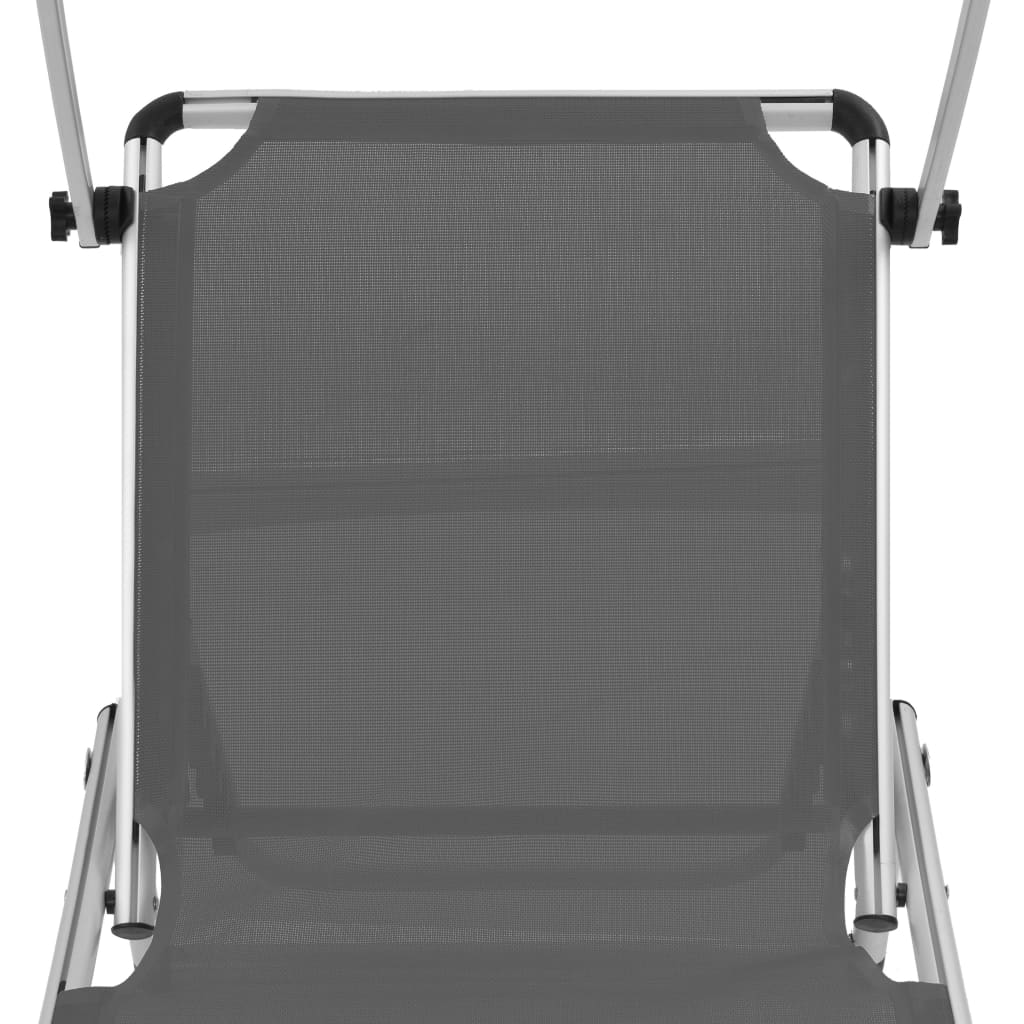 Foldable sun lounger with canopy, grey, aluminium and textile.