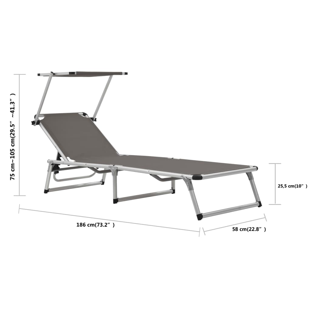 Foldable sun lounger with canopy, grey, aluminium and textile.