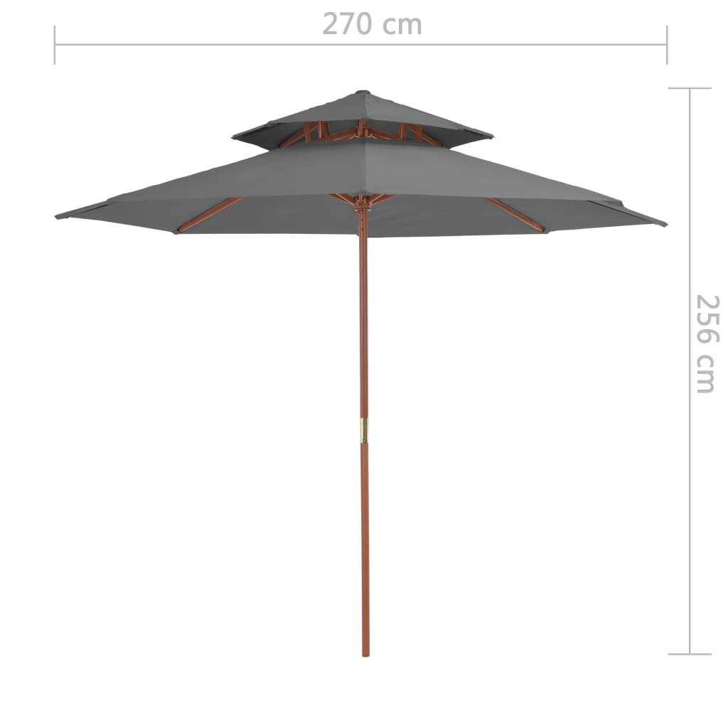 Skėtis su mediniu stulpu, antracito, 270cm, su dvigubu stogu