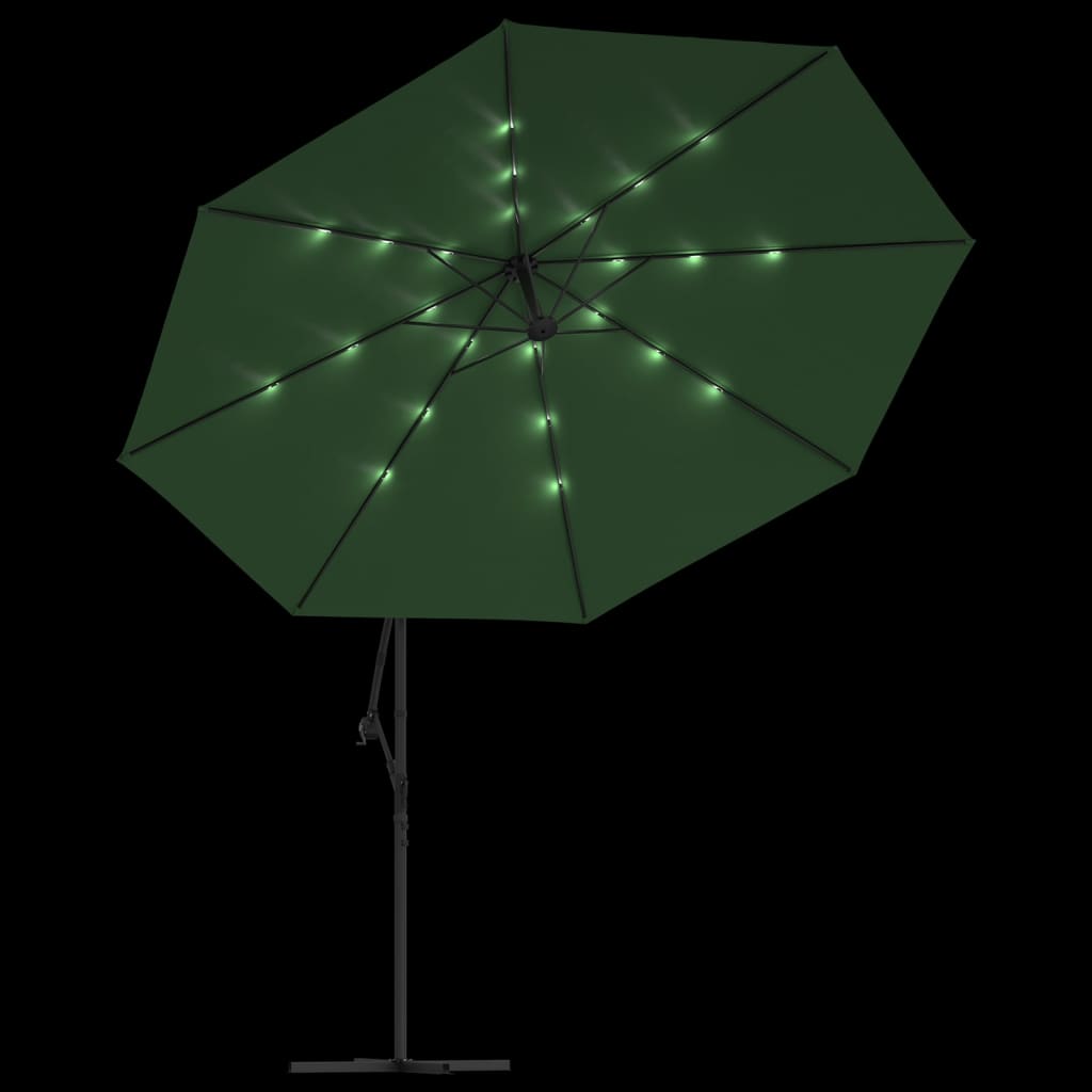 Gembinis skėtis su LED ir metaliniu stulpu, žalias, 350cm