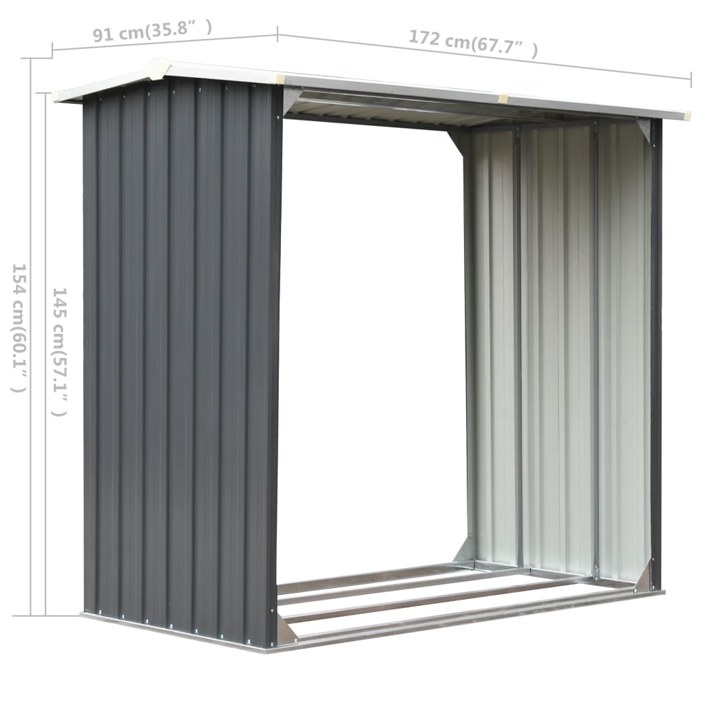 Dārza malkas šķūnis, cinkots tērauds, 172x91x154cm, pelēks