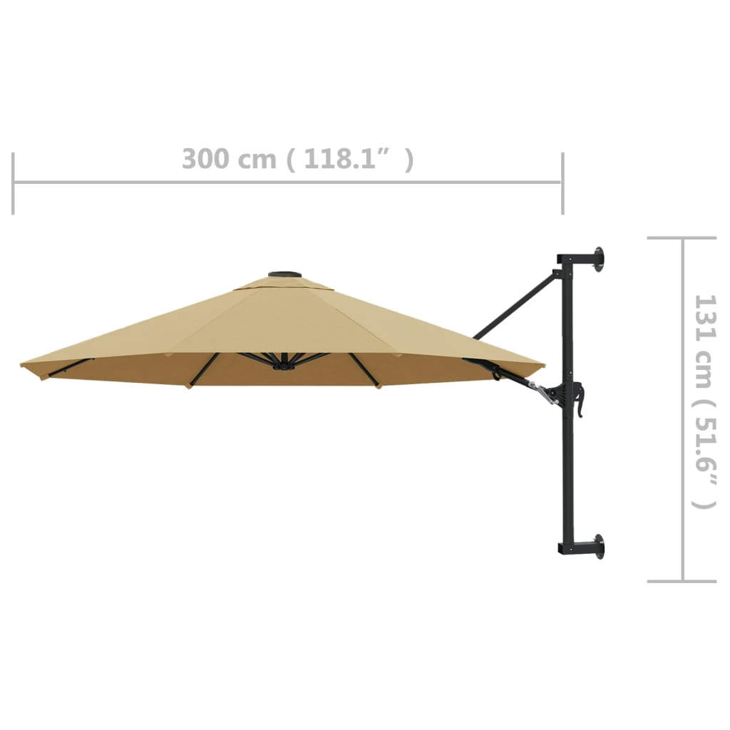 Wall-mounted parasol with pole, taupe, 300cm