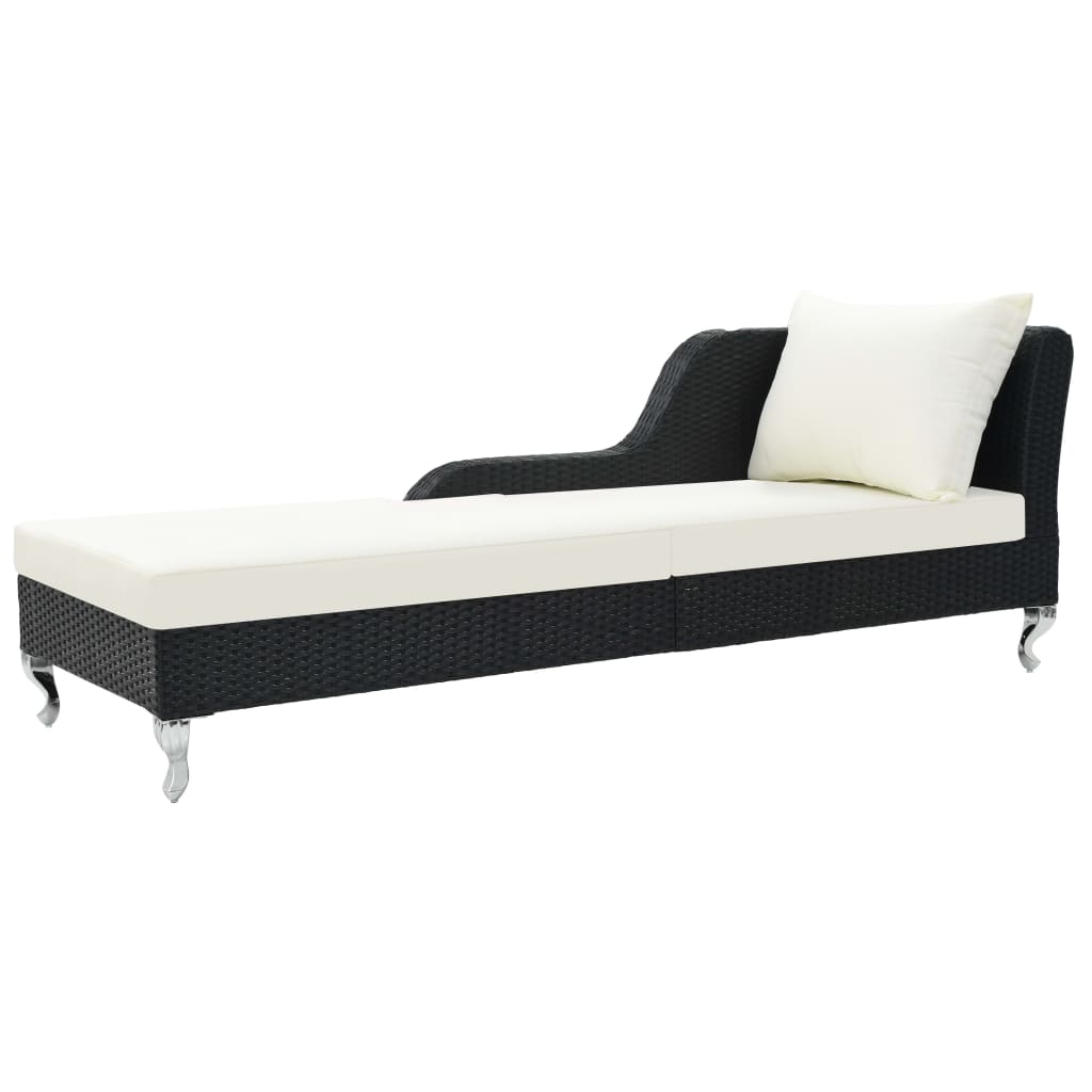 Sun lounger with cushion, black, polyrattan