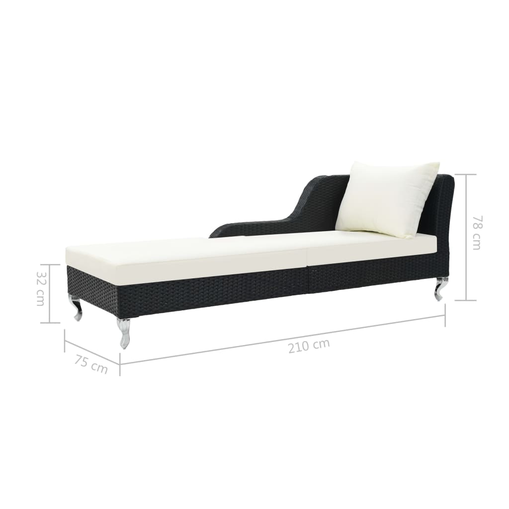 Sun lounger with cushion, black, polyrattan