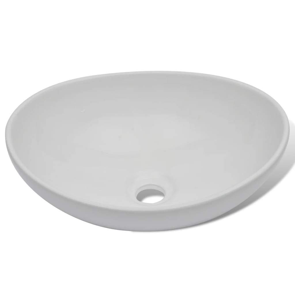 Washbasin with tap, ceramic, oval, white