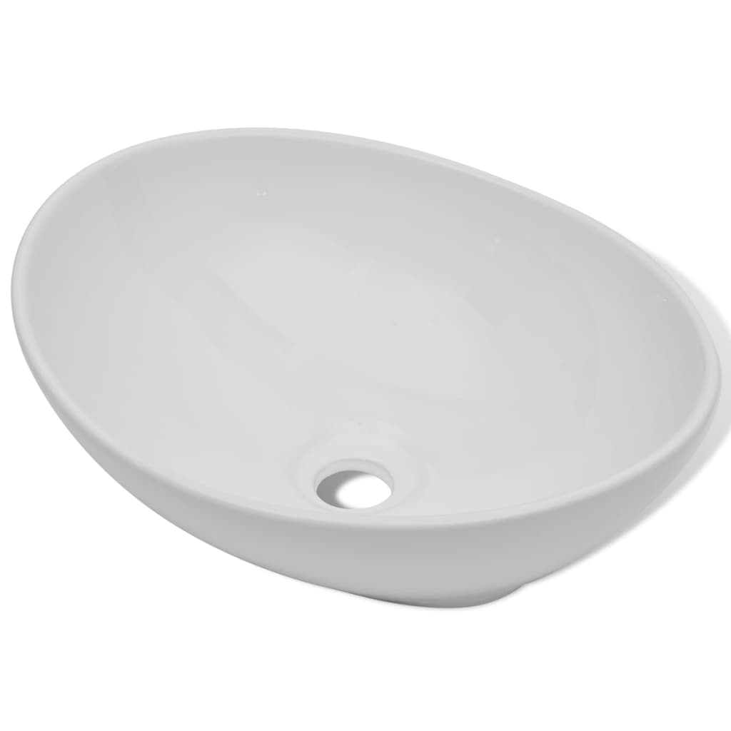 Washbasin with tap, ceramic, oval, white