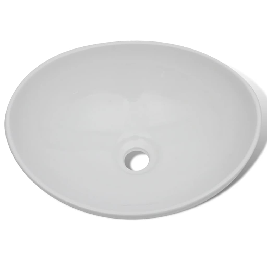 Washbasin with tap, ceramic, oval, white