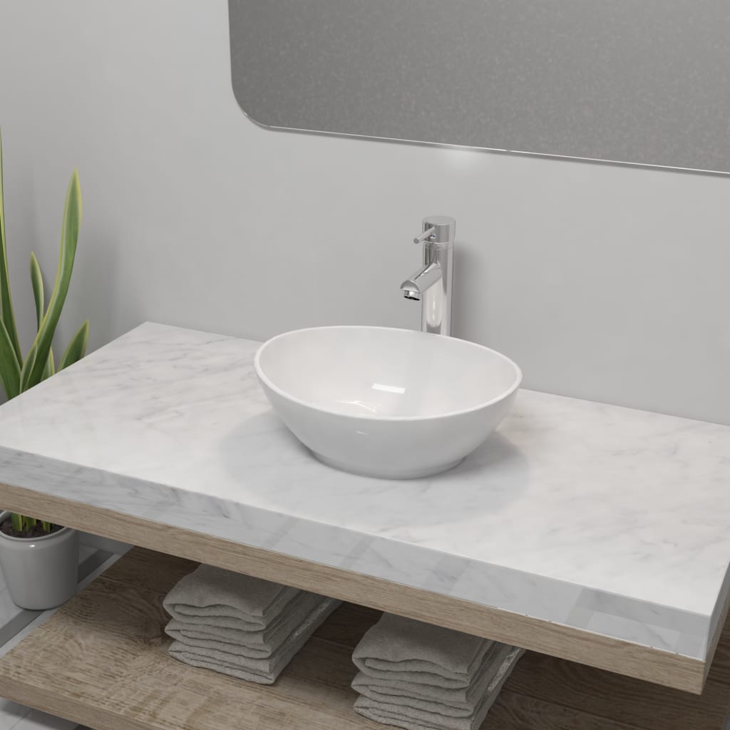 Washbasin with tap, ceramic, oval, white