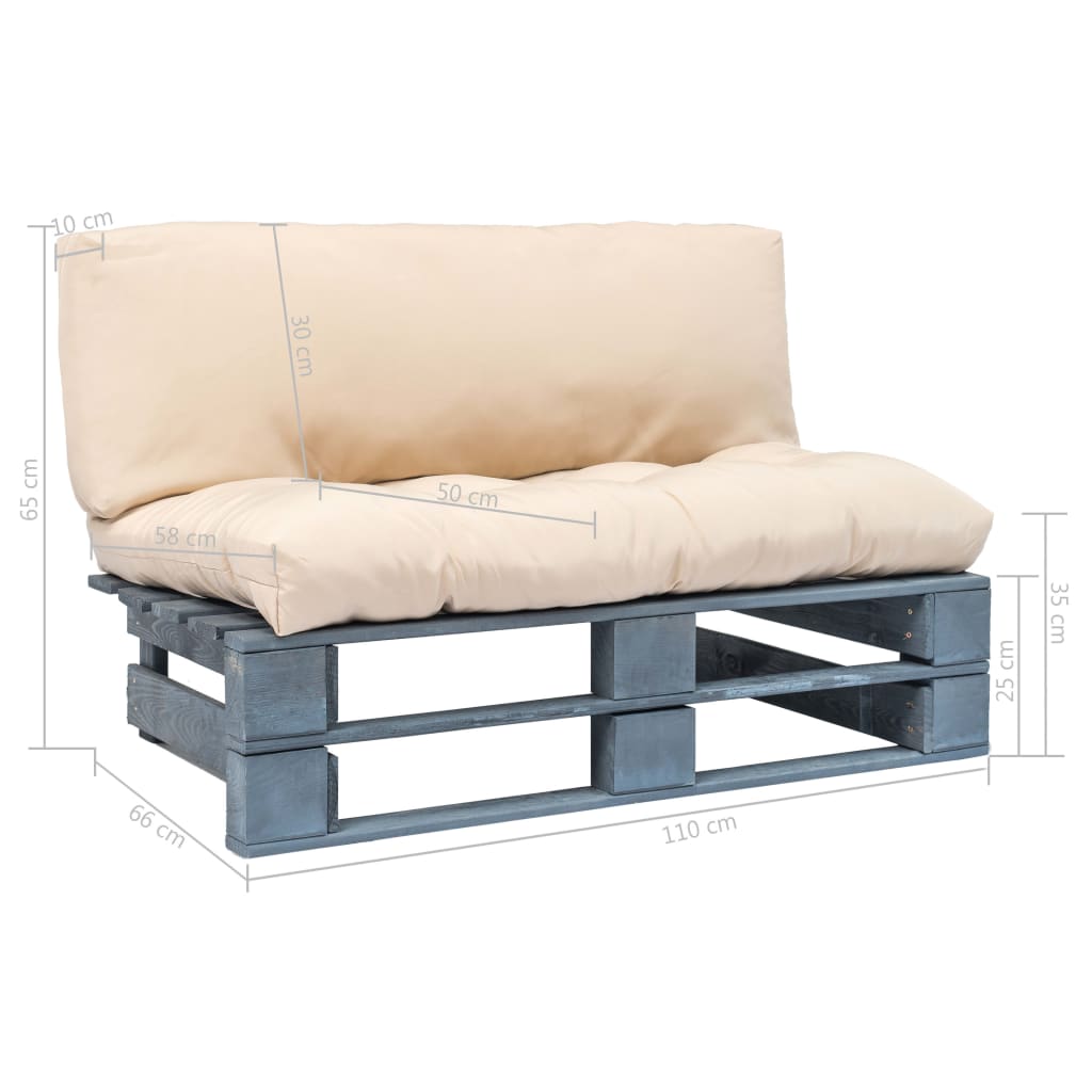 Sodo sofa iš palečių su smėlio pagalvėlėmis, pušies mediena