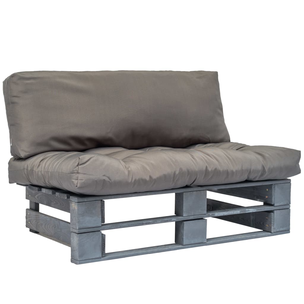 Sodo sofa iš palečių su pilkomis pagalvėlėmis, pušies mediena