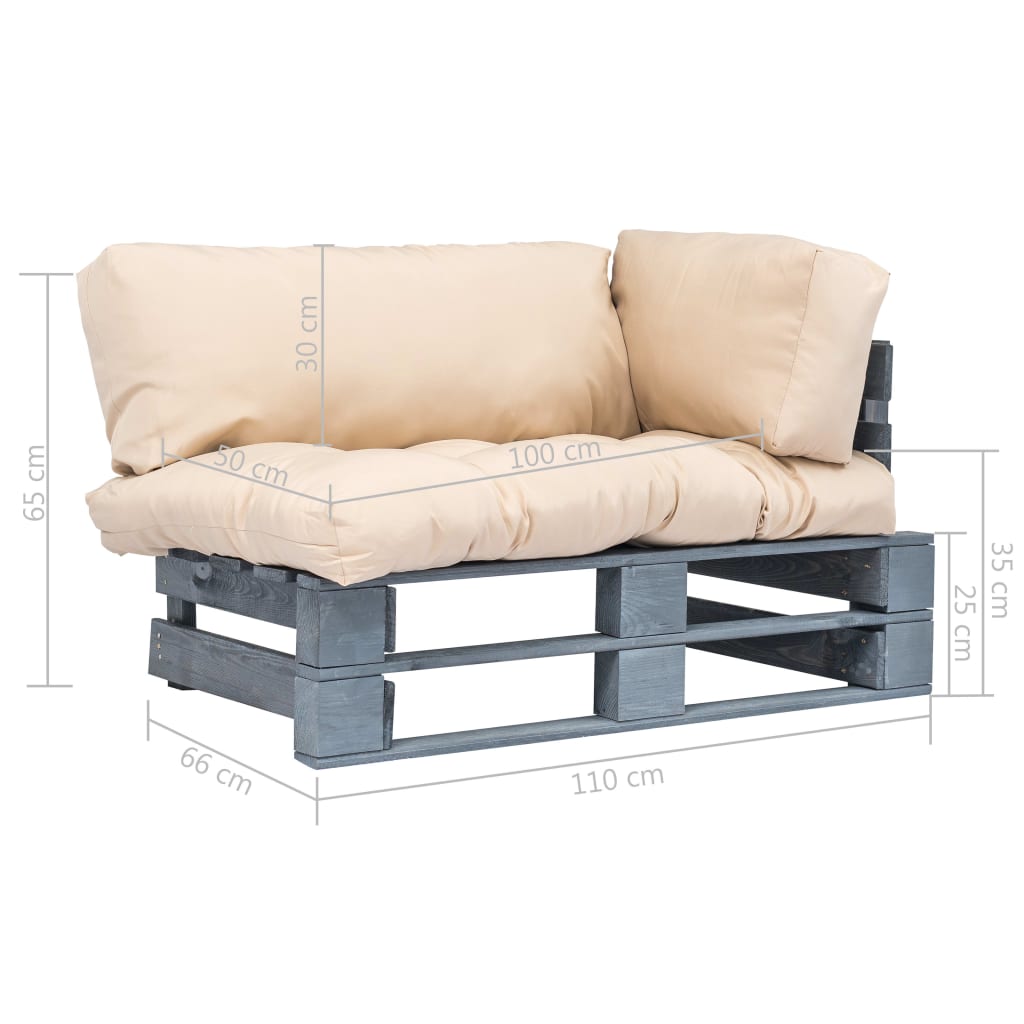 Sodo sofa iš palečių su smėlio pagalvėlėmis, pušies mediena
